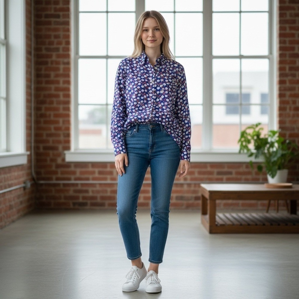 Gap Fitted Boyfriend Statement Shirt S Blue Red White Floral Cherry Pop Art